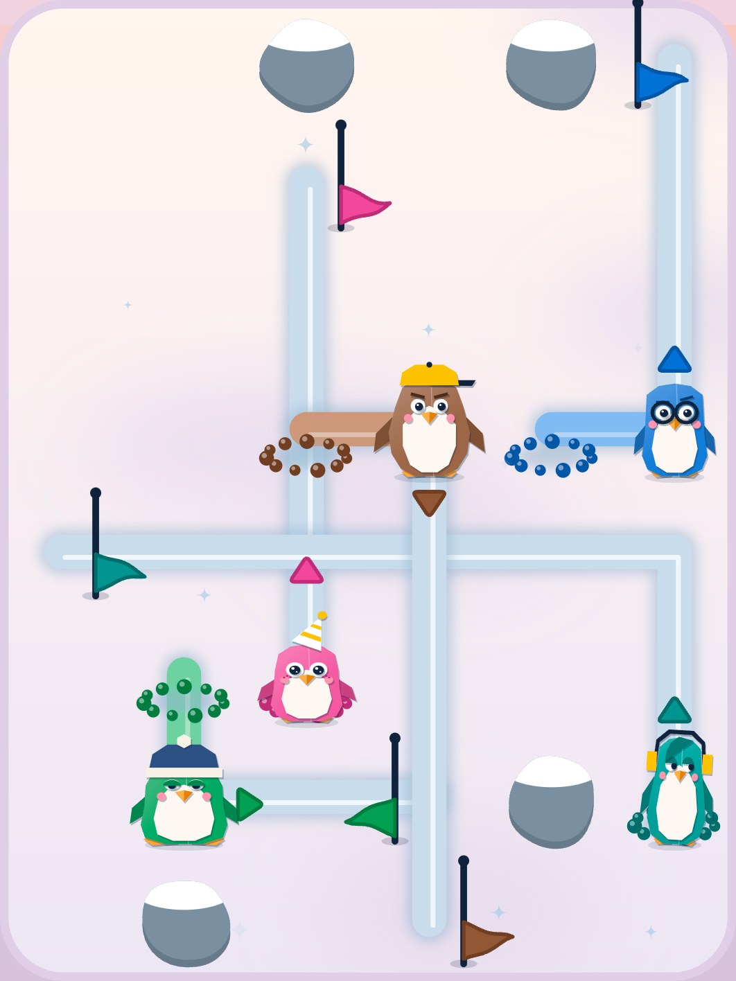 A night on the ice from the game: six penguins, their tracks and their flags, with three slides already replayed.
