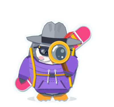 The detective in a fedora, sunglasses and a hoodie, with a snowboard.