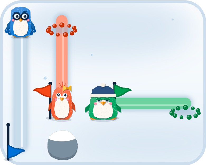 A green penguin stopped by another penguin on the ice.