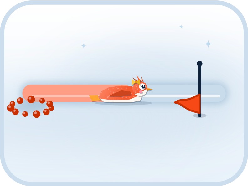 An orange penguin sliding along its track towards its flag.